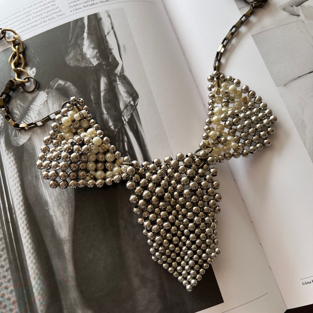 Silver and Gold Beaded Bib Necklace with Textured Pendants - Picture 4 of 10